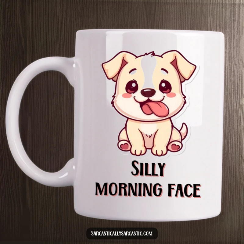 Funny Dog Mug: A dog playfully sticks its tongue out from the side, showing humorous mischief and joy.