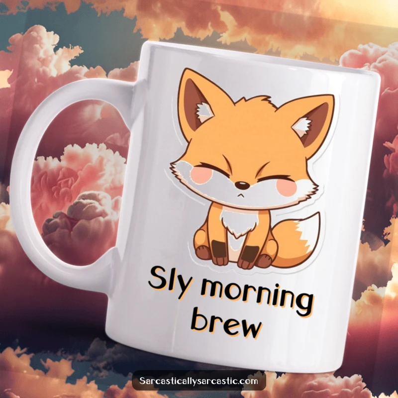 Funny mug depicting a fox character with a sly expression, one eye closed in a knowing wink towards the viewer.