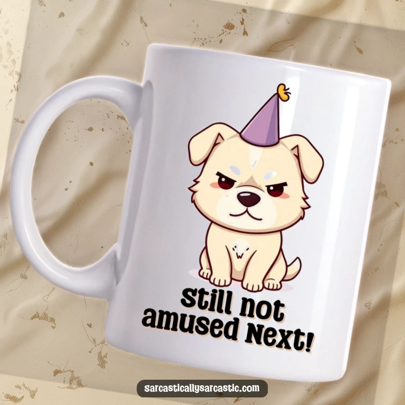 Funny dog mug with a sarcastic smirk, wearing a tiny askew party hat, ready to celebrate or judge.