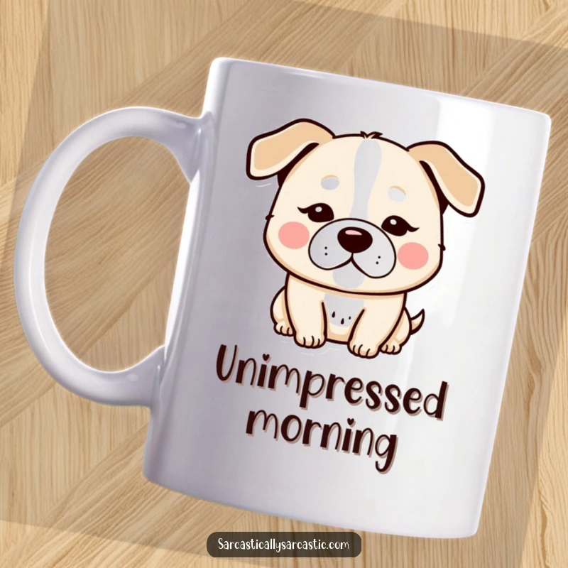 Funny kawaii dog character mug, with a perfectly deadpan expression and slightly droopy ears, radiating subtle humor.