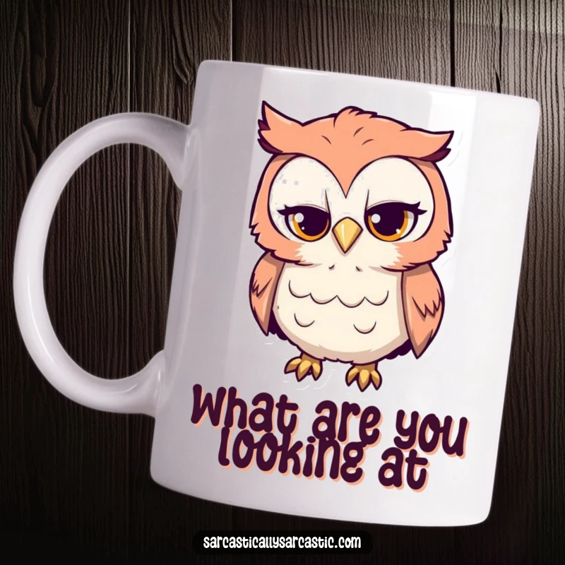 Funny curious owl mug with head tilted sarcastically, conveying a witty and knowing expression, great for coffee lovers.