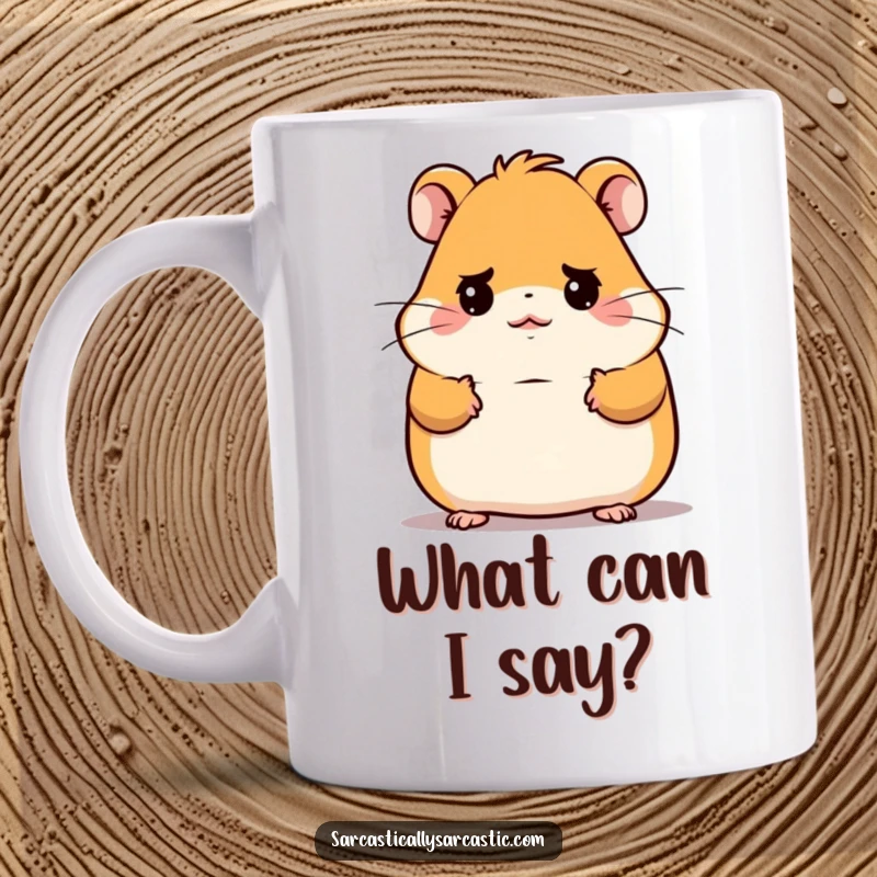 Funny Kawaii Hamster Mug: A cute hamster shrugs with a deadpan expression, conveying a funny 'I don't know' vibe.