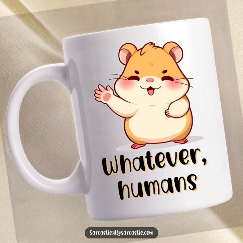 Funny dismissive hamster mug featuring a cute hamster gesturing with its paw, conveying a clear 'no' with adorable sass.