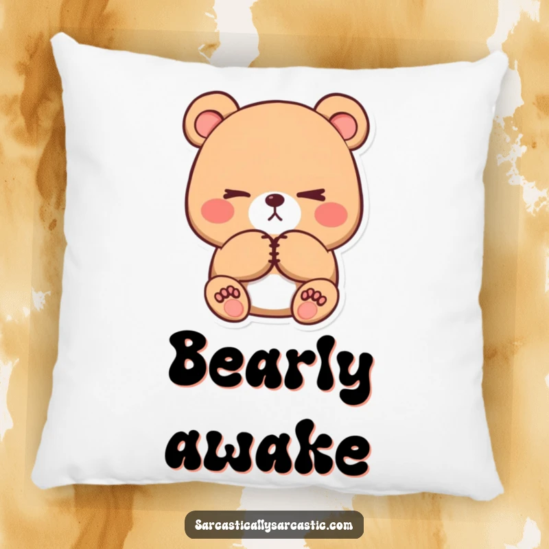 Funny kawaii bear pillow, offering unimpressed comfort with a cute character’s crossed paws and a subtle eye-roll.
