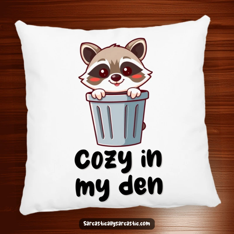 Funny raccoon pillow with a cheerful raccoon peeking from behind a trash can with a mischievous smirk, adding comfort.