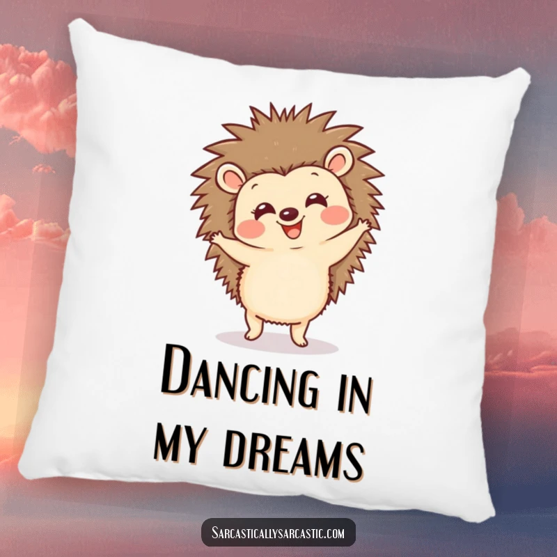 Funny hedgehog pillow showing a happy, spiky animal doing a comical dance, offering comfort with a touch of adorable cheerfulness.