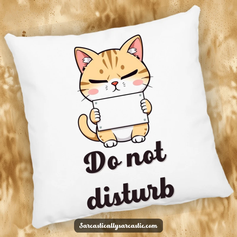 Funny decorative pillow featuring a sarcastic cat with a smirk, holding a tiny sign, perfect for cozying up.