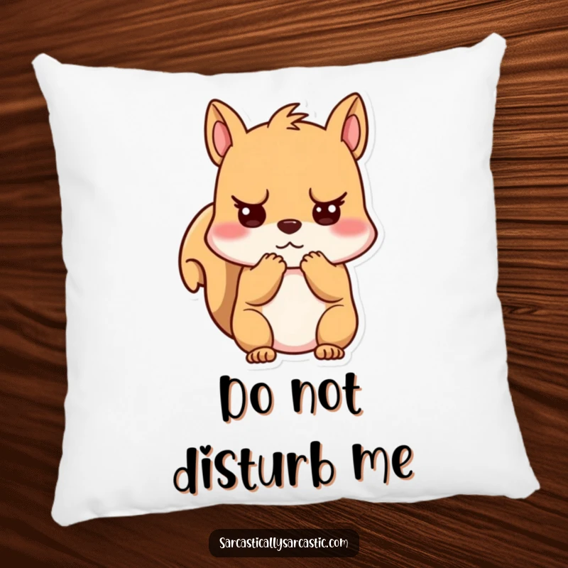 Funny unimpressed kawaii squirrel pillow, character clutching cheeks with a bored look, soft and decorative cushion.
