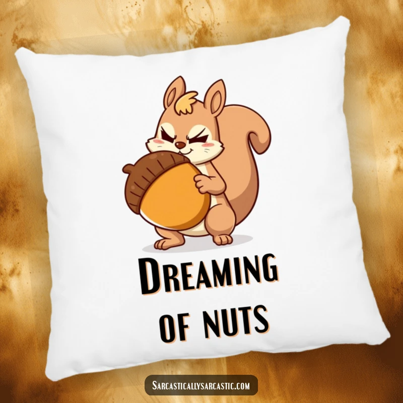 Funny Pillow: Soft cushion featuring a sarcastic squirrel with a giant acorn, offering humorous comfort and witty charm.