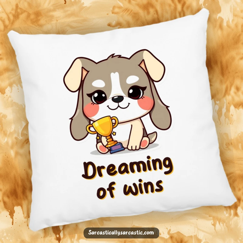 Funny smug dog trophy pillow featuring a grinning dog holding a tiny trophy, perfect for adding comfort and a celebratory vibe.