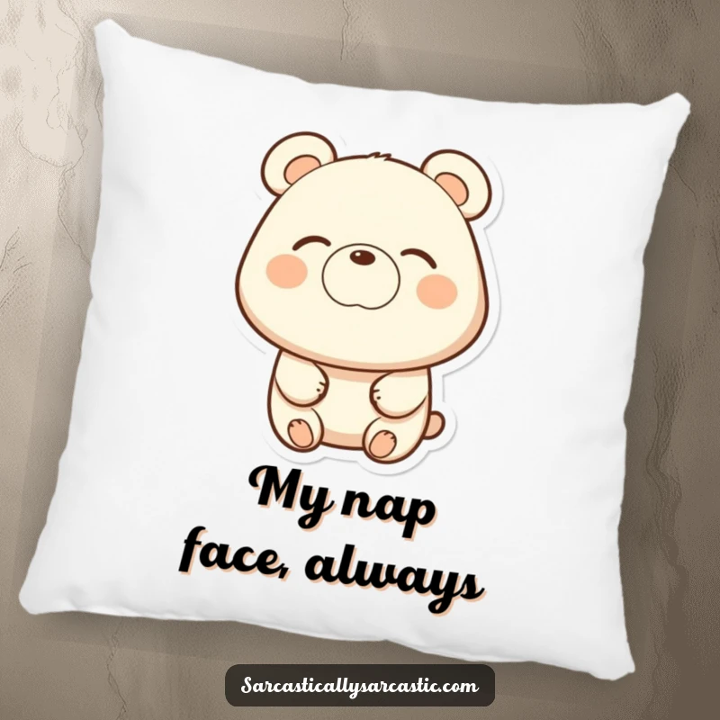 Funny bear pillow with a subtle eye-roll and a slight smirk, perfect for adding relatable humor to any room.