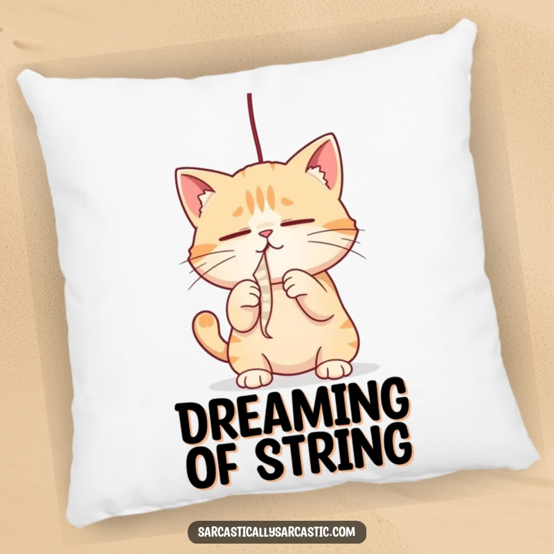 Funny cat pillow with a cat playfully batting a dangling string, perfect for cozy comfort and a funny gift.