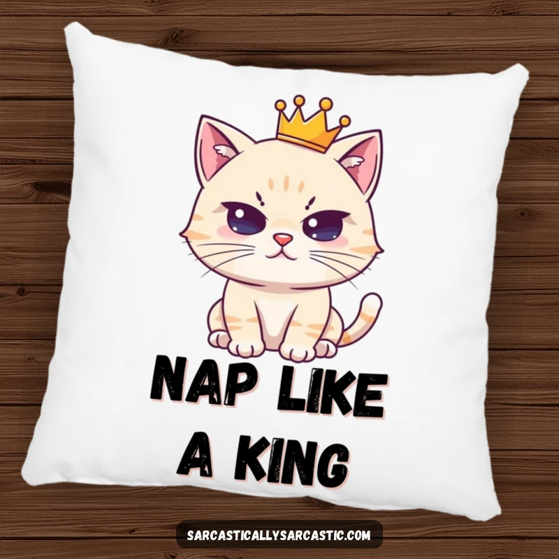 Funny decorative pillow with a cute, crowned cat character showing a deadpan stare; soft and humorous home decor.