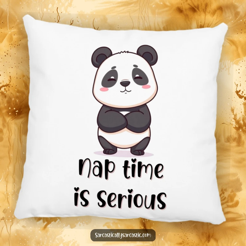 Funny pillow featuring a panda crossing its arms and wearing a deadpan expression, soft, cozy, and funny gift.