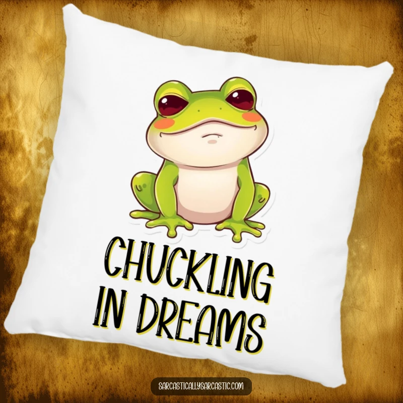 Funny Frog Pillow: A soft pillow showcasing a frog giving a dry, amused chuckle with a raised brow.