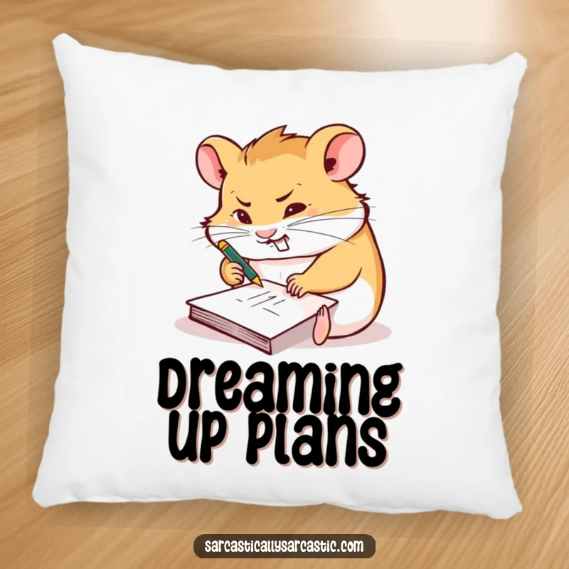 Funny pillow featuring a hamster furiously scribbling on a tiny notepad with a smirk, offering comfort and creativity.