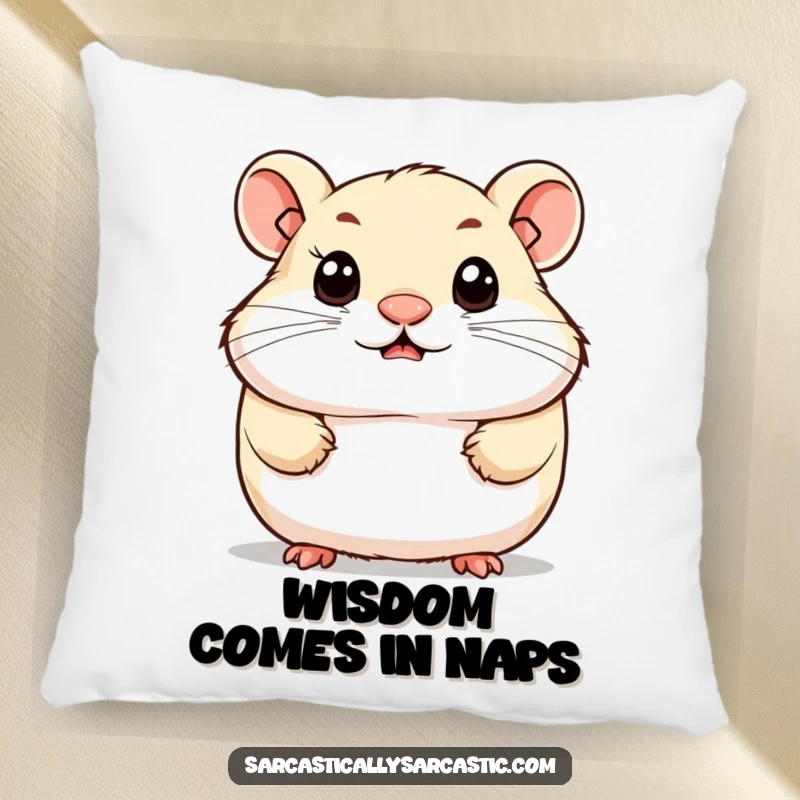 Funny pillow with a soft texture, showing a cute hamster character with a knowing smirk and observant eyes, perfect for cozying up.