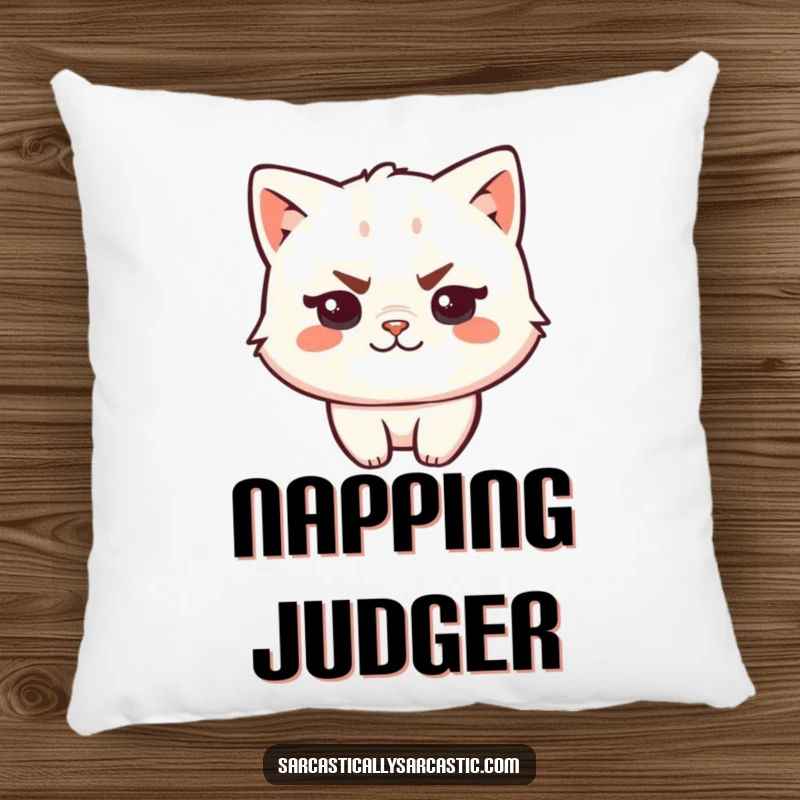 Funny kawaii cat pillow featuring a smug character with a raised eyebrow and a smirk, offering comfort and humor.