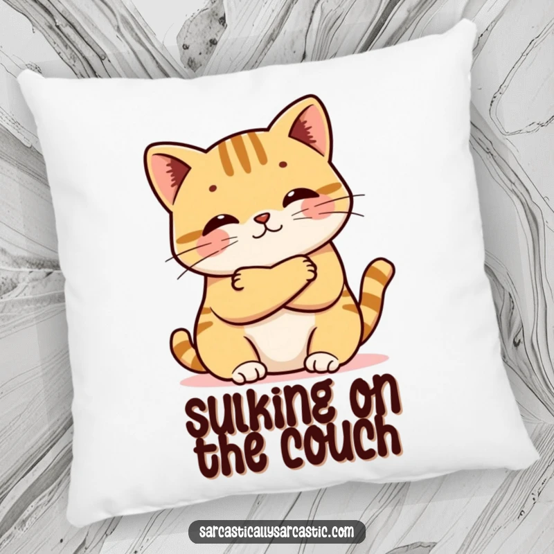 Funny pillow featuring a kawaii cat with arms crossed and a pout, offering a soft, humorous accent for sofas and beds.