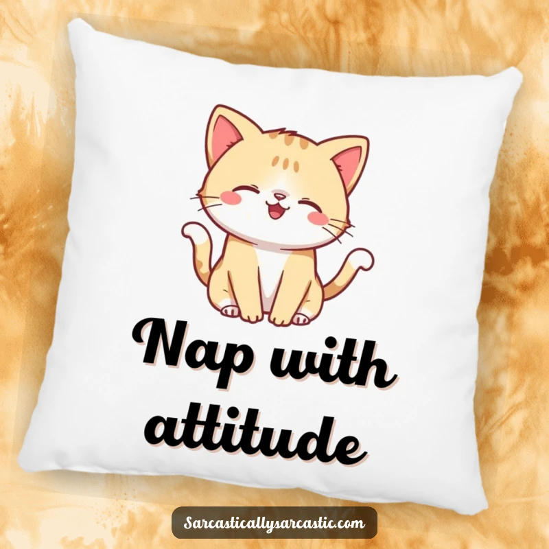 Funny pillow with a kawaii cat sporting a smirk, playfully flicking its tail, soft and humorous feline decor.