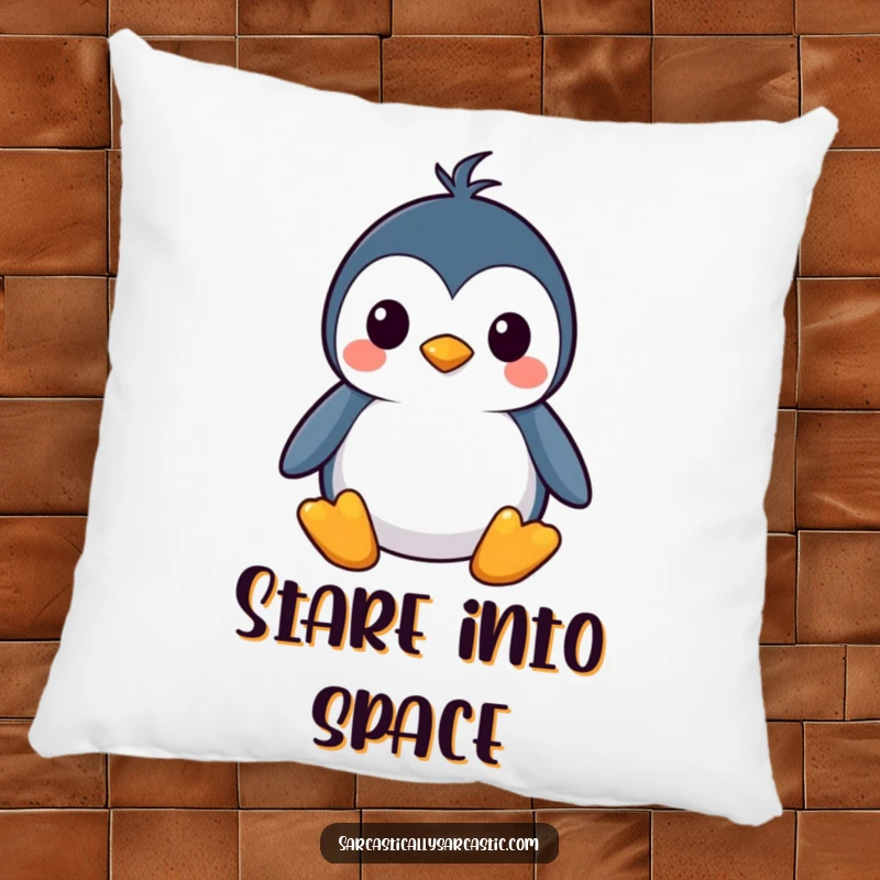 Funny kawaii penguin pillow with a stoic, straight face, perfect for cozy comfort and a funny gift.