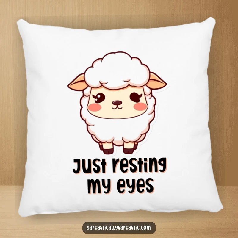 Funny kawaii sheep pillow with a vacant stare and a slight smirk, perfect for cozy comfort and a funny gift.