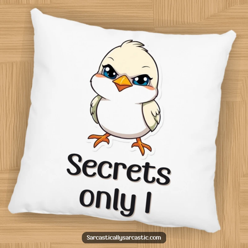 Funny pillow featuring a bird with a tilted head and a knowing, sly smile, offering comfort and wit.