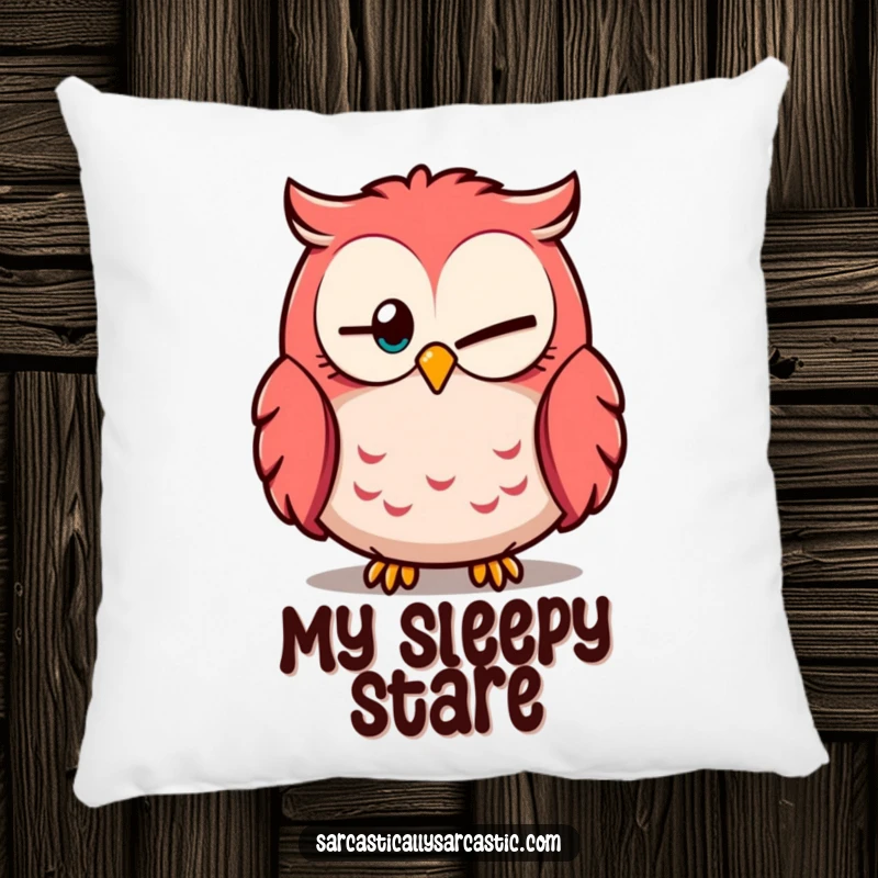 Funny owl pillow with one eye partially closed, looking knowingly, perfect for adding wise humor to any room.