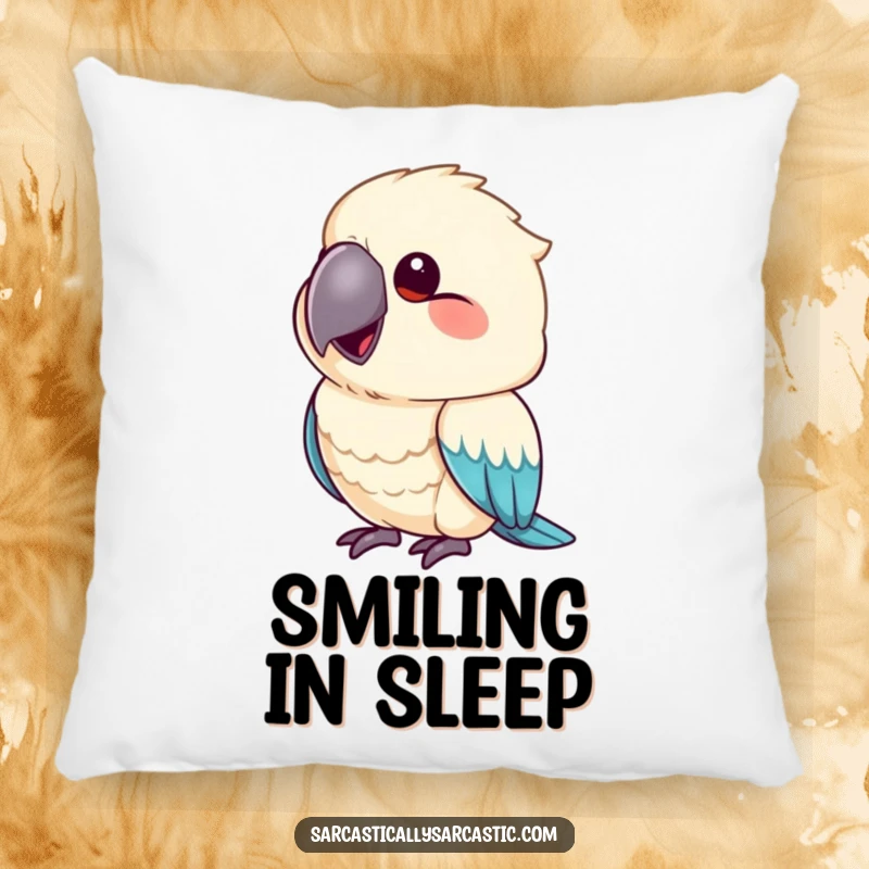 Funny pillow featuring a parrot mimicking a smirk with its beak slightly upturned, offering comfort and sass.