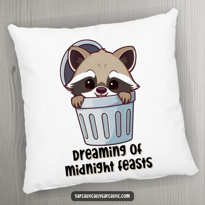 Funny pillow with a soft texture, showing a cheerful raccoon character peeking from a trash can with a mischievous smirk, perfect for cozying up.