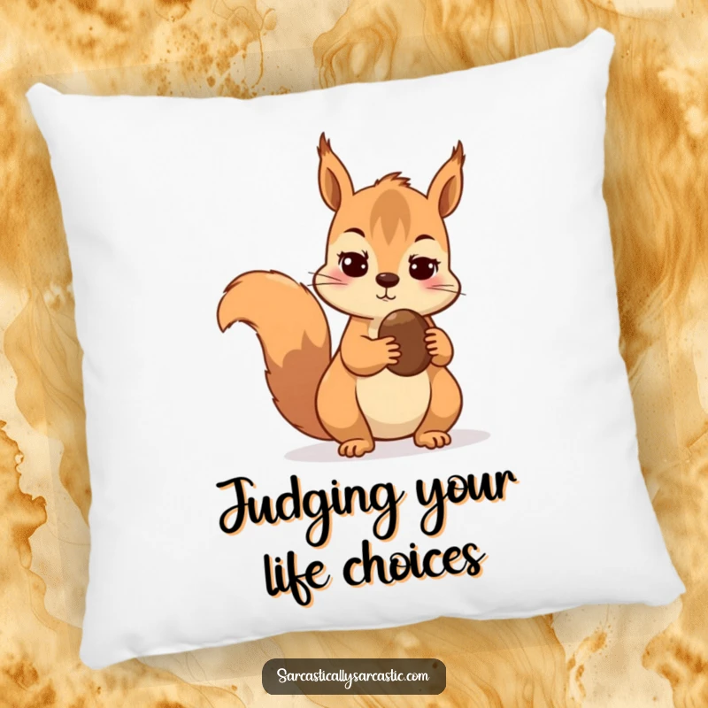 Funny decorative pillow showing a skeptical squirrel guarding a nut with intensely doubtful eyes.