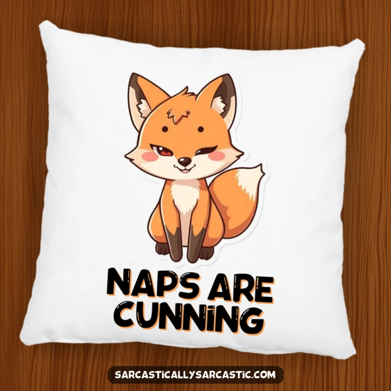 Funny pillow with a playful fox character having a sly grin and its tail subtly wagging, embodying cleverness.