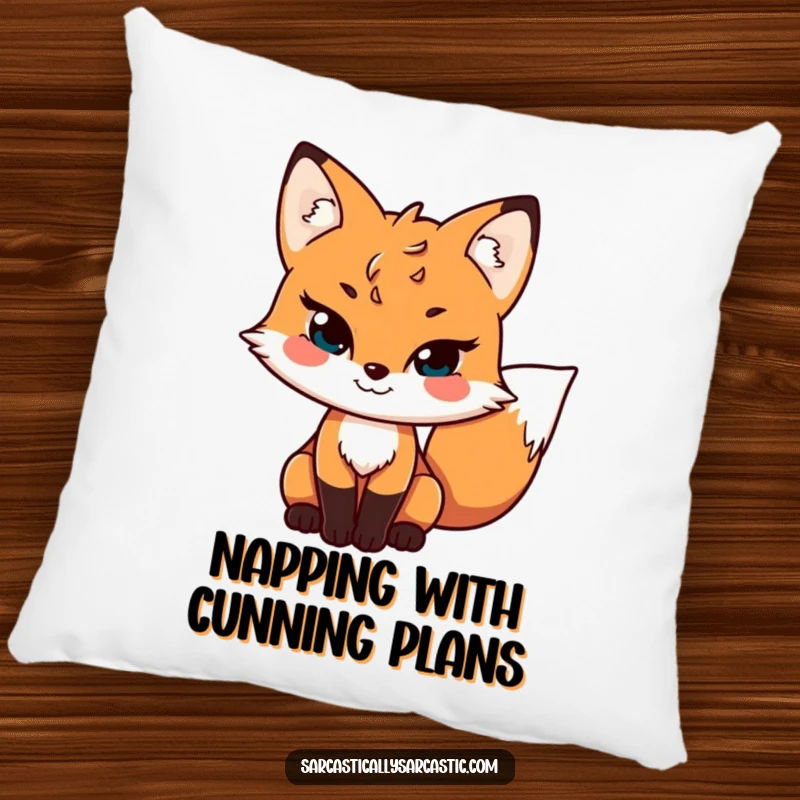 Funny pillow with a soft texture, showing a sly fox character with a mischievous grin and wagging tail, perfect for cozying up.