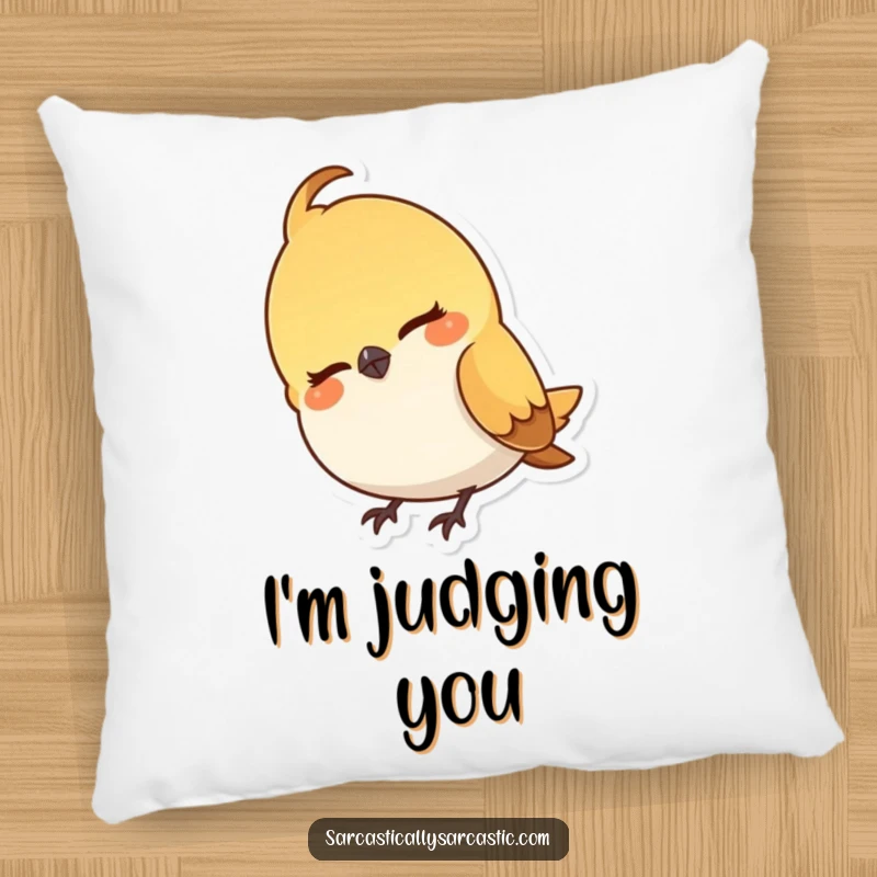 Funny pillow featuring a small bird character tilting its head and sporting a subtle, knowing, and mischievous smirk.