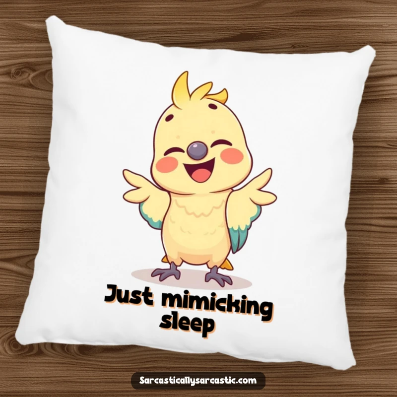 Funny parrot pillow with a cheerful bird making a silly, mimicked gesture, offering comfort and a touch of comical charm.