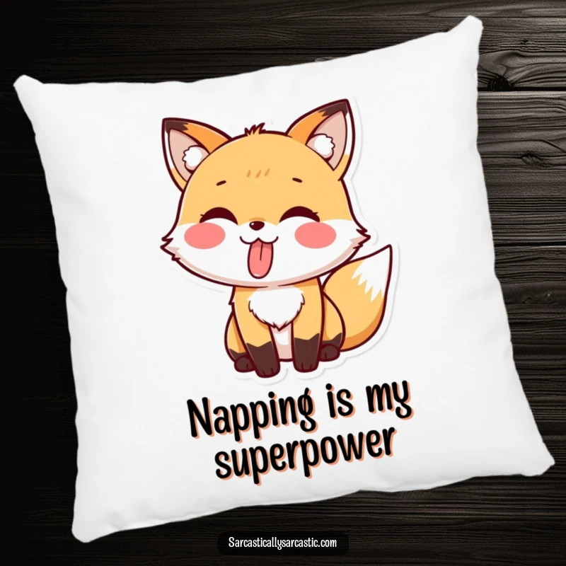 Funny pillow with a soft kawaii fox character playfully sticking its tongue out.
