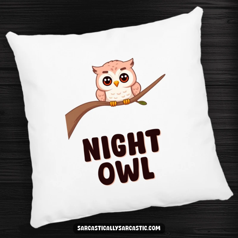 Funny owl pillow with a soft texture and a curious owl peeking from behind a branch, looking inquisitive.