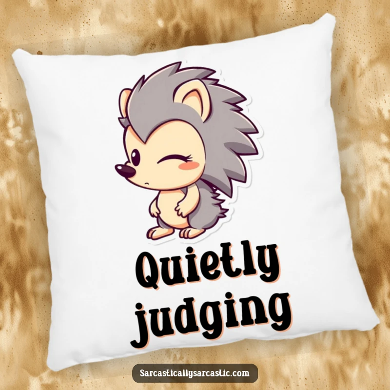 Funny pillow with a hedgehog character looking sideways with a hint of a smirk, embodying playful secrets and cozy charm.