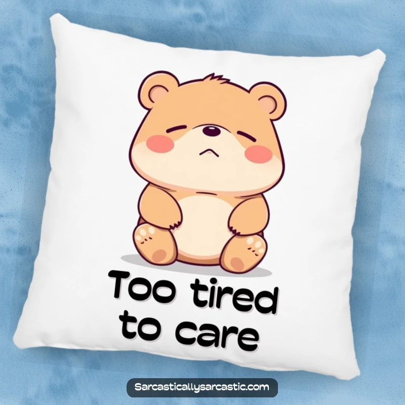 Funny bear pillow with a bear shrugging its shoulders and a smirk. Soft and humorous home accent.