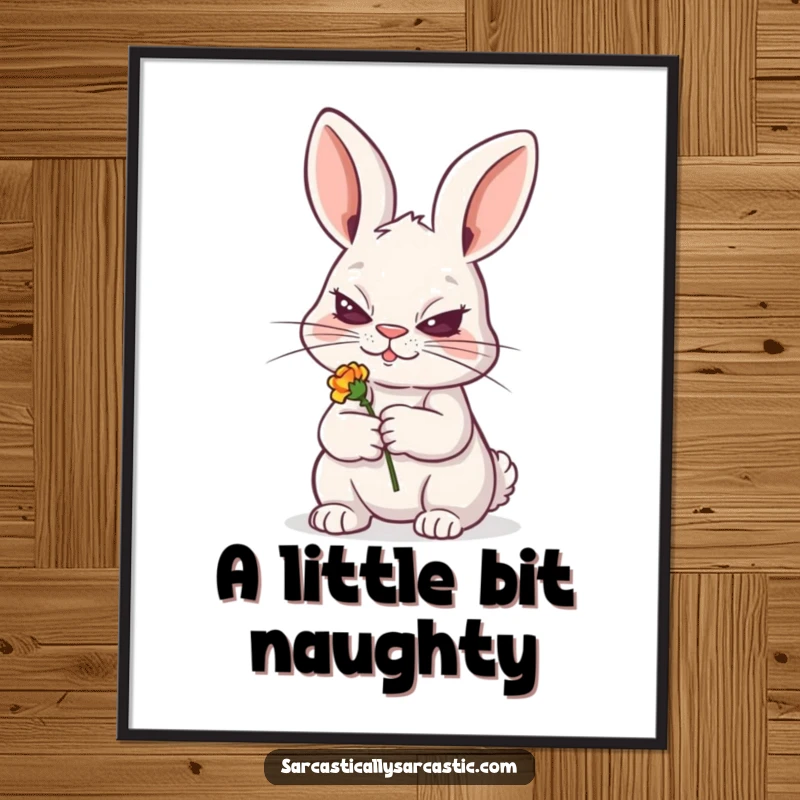 Funny digital art print of a sly rabbit grinning and holding a wilted flower, ready for download as a funny gift.