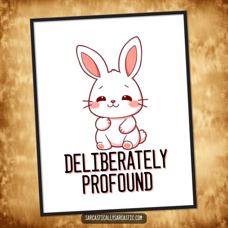 Funny kawaii rabbit digital art print, featuring a character giving a slow, deliberate nod, full of calm wisdom.