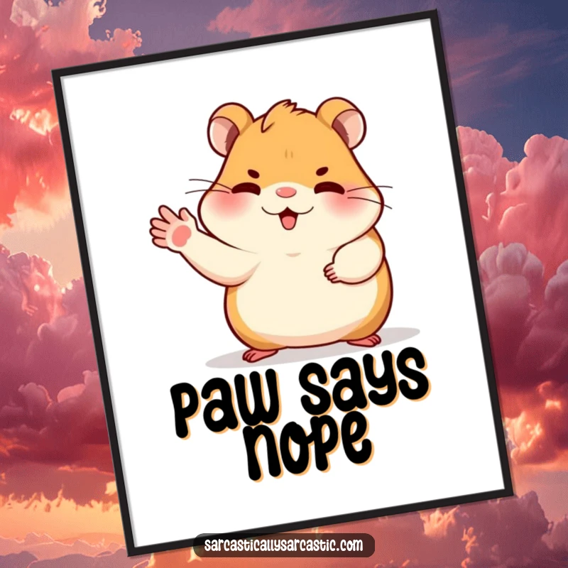Funny dismissive hamster digital art print of a hamster gesturing dismissively with its paw, conveying sass and a clear 'no' with charm.