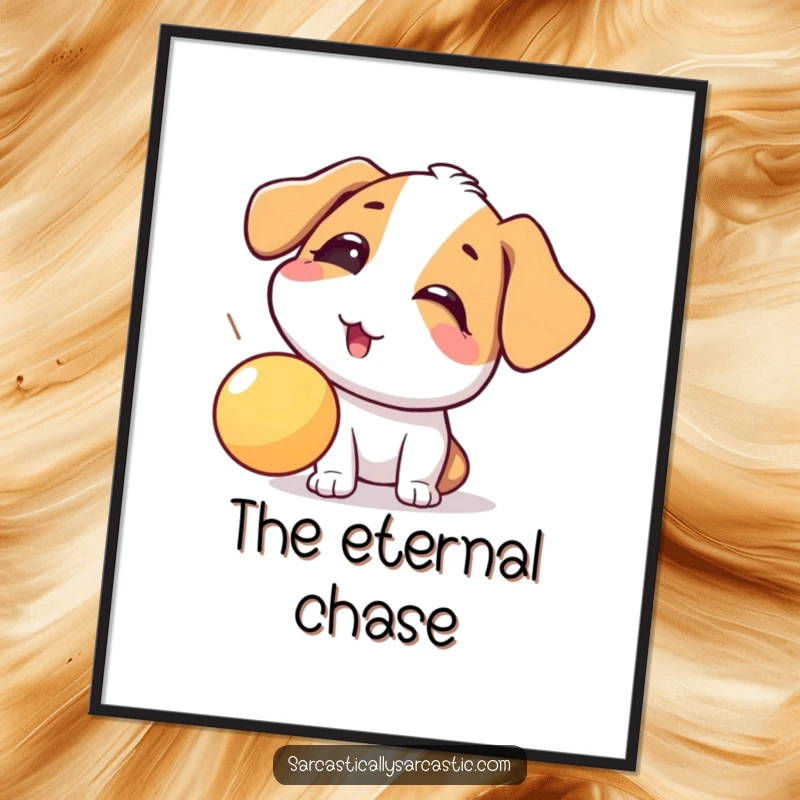 Funny digital art print of a dog playfully rolling its eyes at a falling ball, ready for download and humorous display.