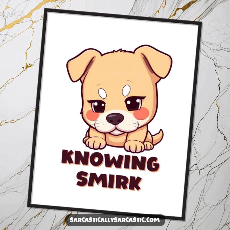 Funny dog digital art print with a dog raising one eyebrow, looking knowing and amused. Instant downloadable humor.