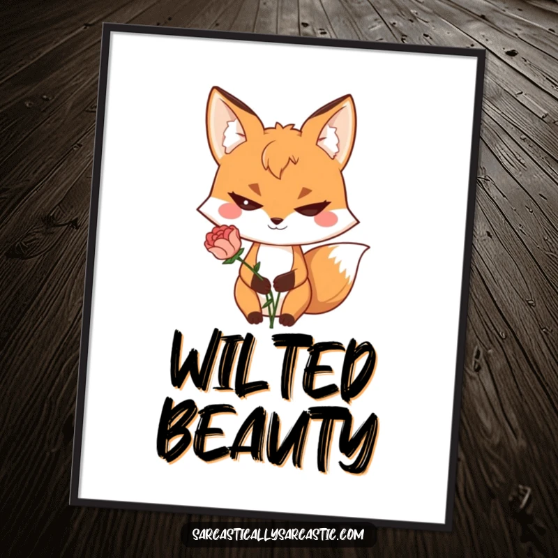 Funny digital art print of a sly fox with a mischievous grin holding a wilted flower, perfect for walls.
