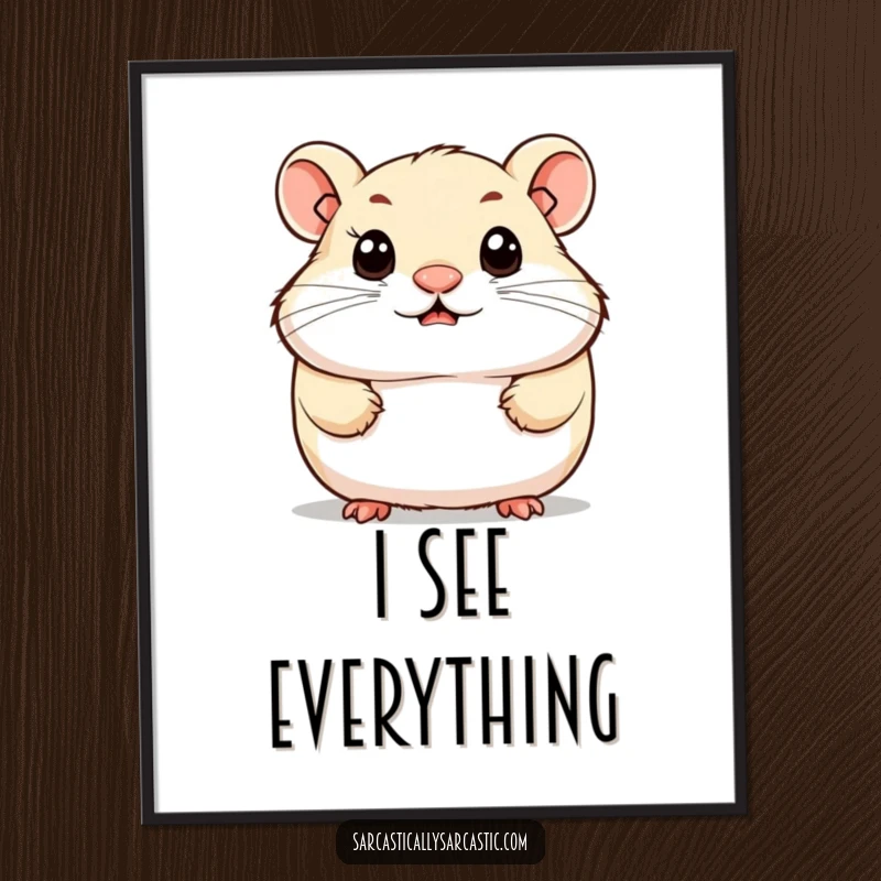 Funny digital art print of a cute hamster character with a knowing smirk and observant eyes, perfect for instant download and printing, adding charm.