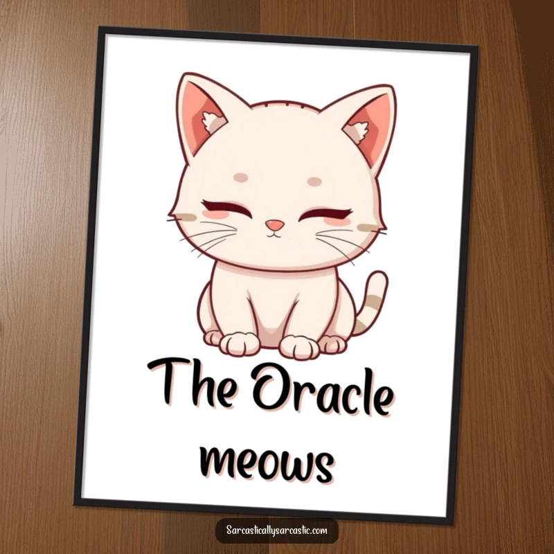 Funny digital art print of a kawaii cat delivering a slow, knowing blink, capturing a moment of subtle intelligence and quiet humor.