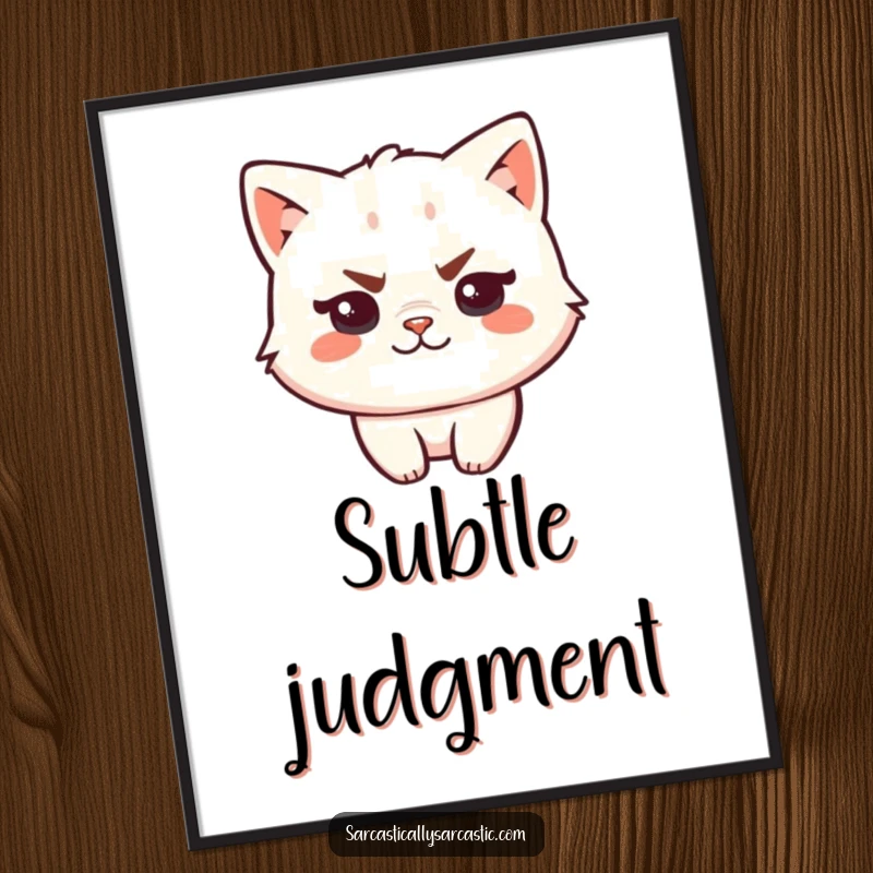 Funny kawaii cat digital art print of a smug character with a raised eyebrow and a smirk, ready for printable home decor.