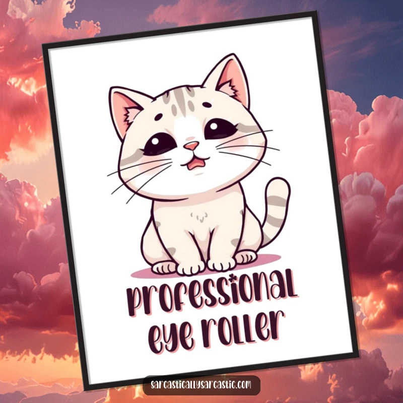 Funny digital art print of a kawaii cat mid-sigh, capturing a moment of dramatic, humorous exhaustion for instant wall decor.