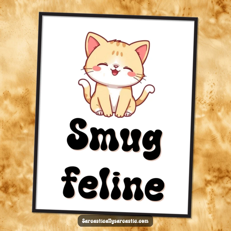 Funny digital art print of a kawaii cat with a smirk, playfully flicking its tail, whimsical and humorous wall decor.